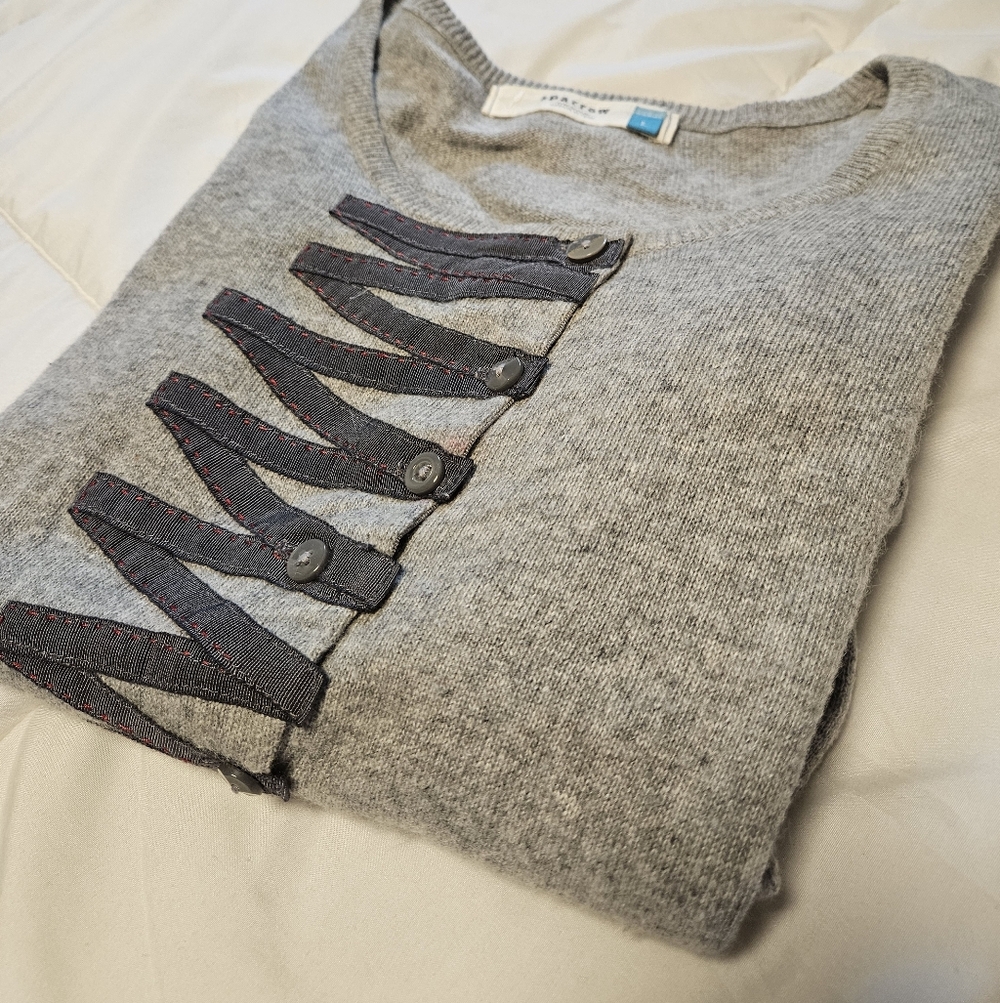 Sparrow Gray Knit Cropped Ribbon Sweater Cardigan Sz L Large Like New